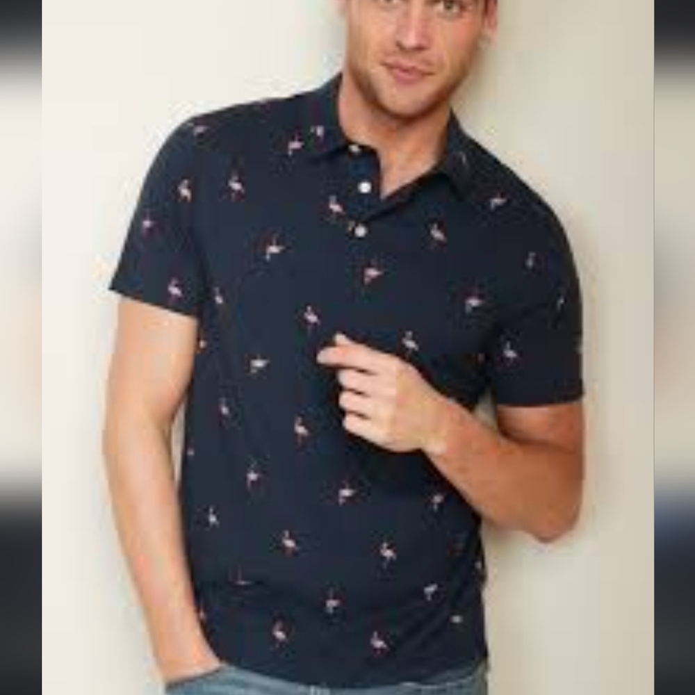 Old Navy Men's Navy blue Soft-washed Flamingo Printed Jersey Polo NWT